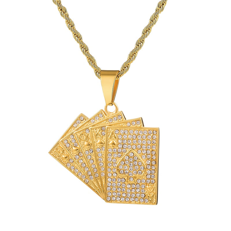 Rhinestone-Studded Gold-Plated Poker Cards Bling Stainless Steel Hip-hop Pendant Necklace-Necklaces-Innovato Design-Innovato Design