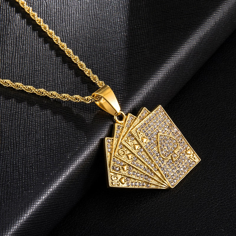 Rhinestone-Studded Gold-Plated Poker Cards Bling Stainless Steel Hip-hop Pendant Necklace-Necklaces-Innovato Design-Innovato Design