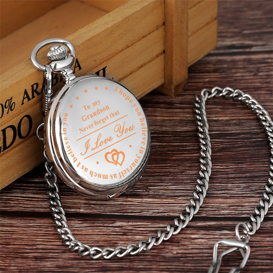 "To My Grandson I Love You" Golden Case White Dial Quartz Necklace Chain Pendant Pocket Watch-Pocket Watch-Innovato Design-Black-Innovato Design