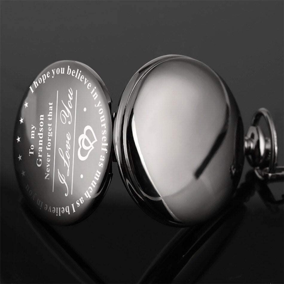 "To My Grandson I Love You" Golden Case White Dial Quartz Necklace Chain Pendant Pocket Watch-Pocket Watch-Innovato Design-Black-Innovato Design