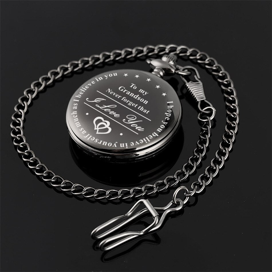 "To My Grandson I Love You" Golden Case White Dial Quartz Necklace Chain Pendant Pocket Watch-Pocket Watch-Innovato Design-Black-Innovato Design