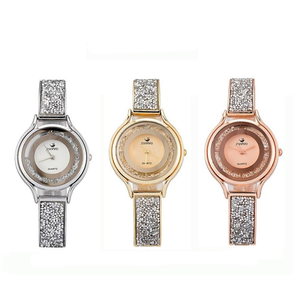 Women Diamond Sand Watch and Crystal Bracelet & Necklace Jewelry Set-Jewelry Sets-Innovato Design-Gold-Innovato Design