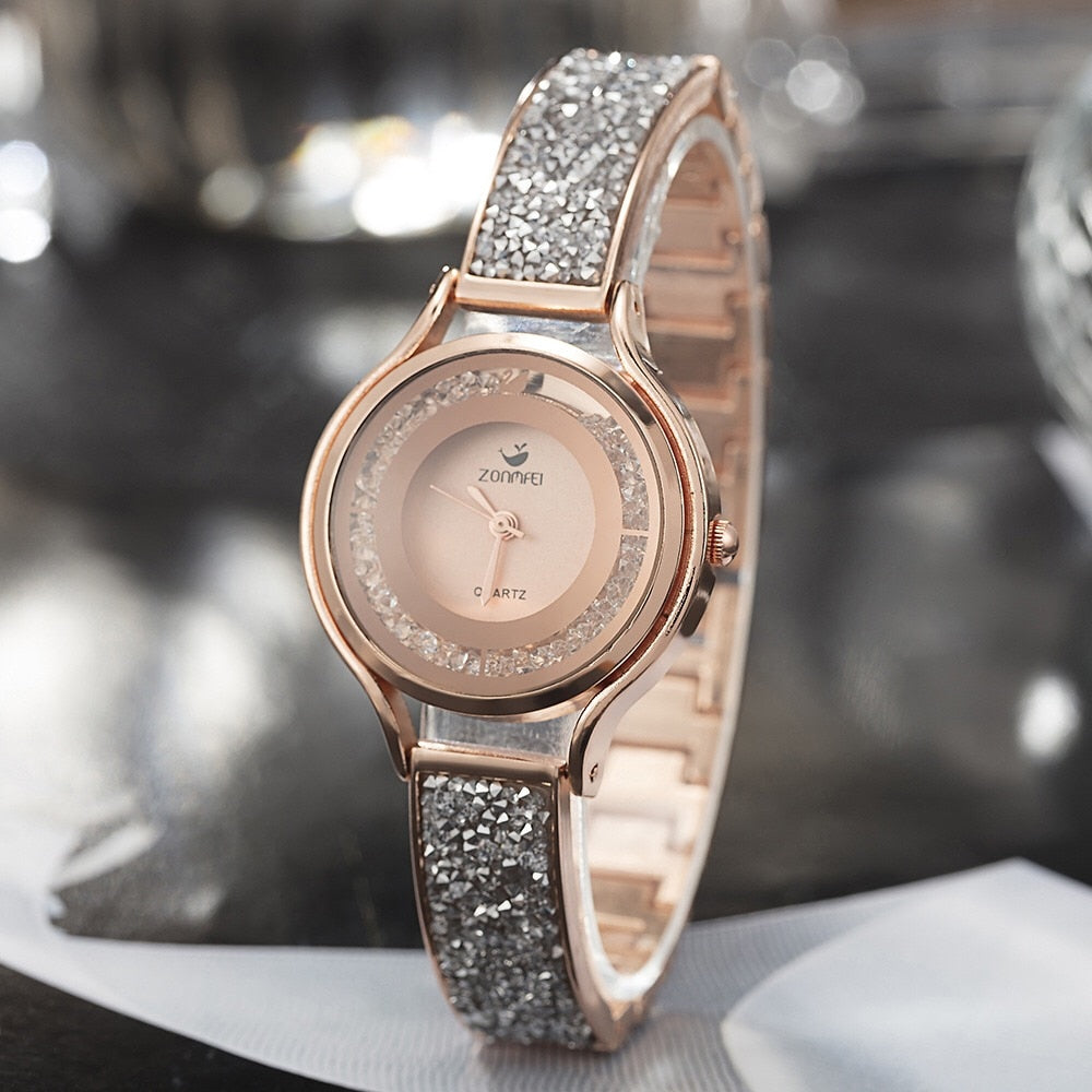 Women Diamond Sand Watch and Crystal Bracelet & Necklace Jewelry Set-Jewelry Sets-Innovato Design-Gold-Innovato Design