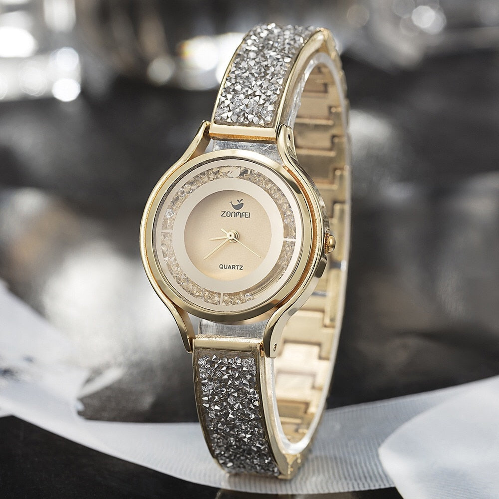 Women Diamond Sand Watch and Crystal Bracelet & Necklace Jewelry Set-Jewelry Sets-Innovato Design-Gold-Innovato Design
