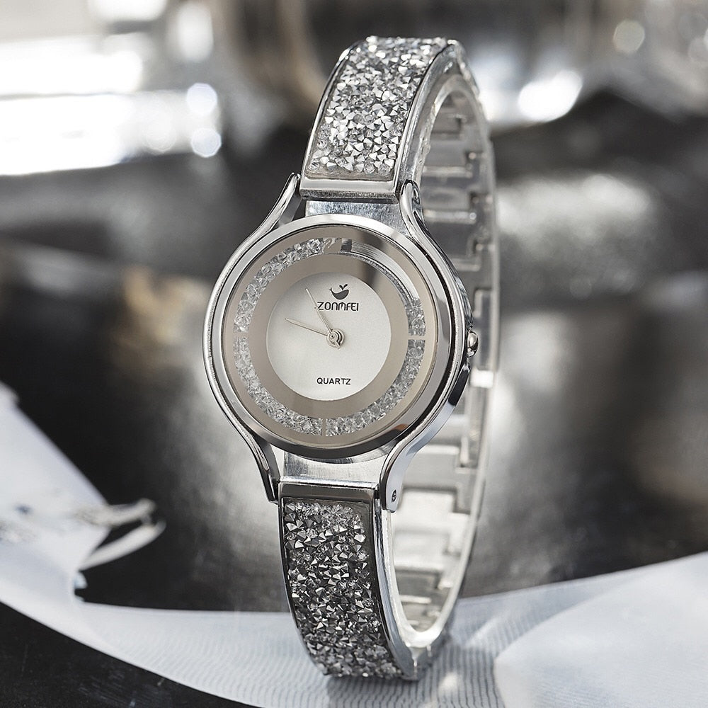 Women Diamond Sand Watch and Crystal Bracelet & Necklace Jewelry Set-Jewelry Sets-Innovato Design-Gold-Innovato Design