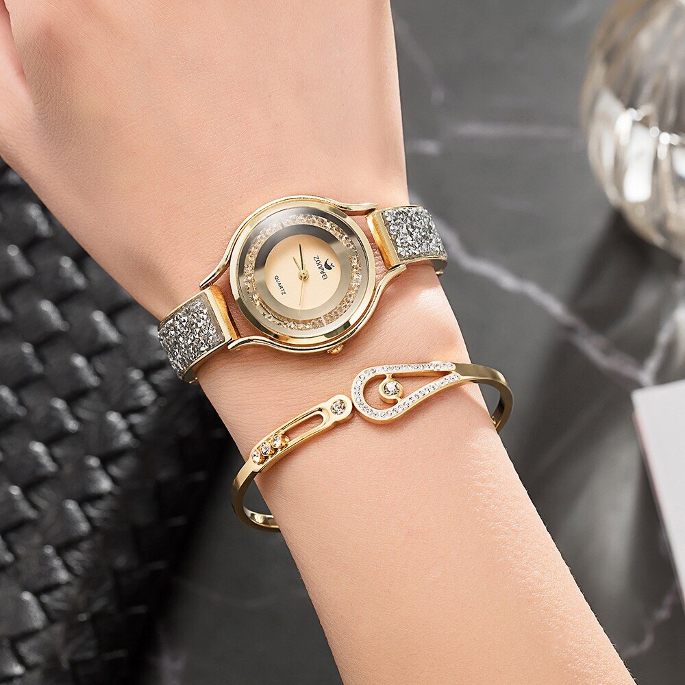 Women Diamond Sand Watch and Crystal Bracelet & Necklace Jewelry Set-Jewelry Sets-Innovato Design-Gold-Innovato Design