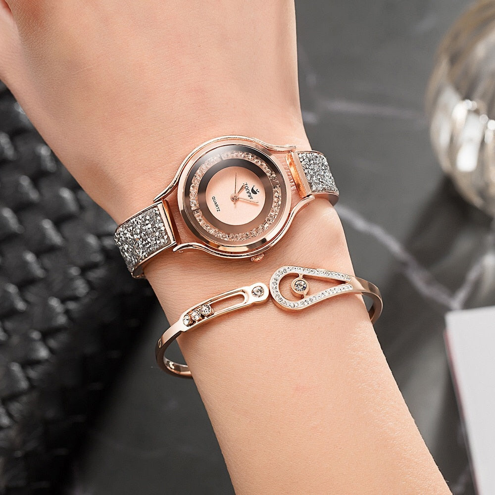 Women Diamond Sand Watch and Crystal Bracelet & Necklace Jewelry Set-Jewelry Sets-Innovato Design-Gold-Innovato Design
