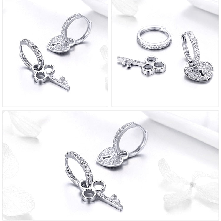 Cubic Zirconia Heart Shape Lock and Key 925 Sterling Silver Classic Wedding Drop Earrings-Earrings-Innovato Design-Innovato Design