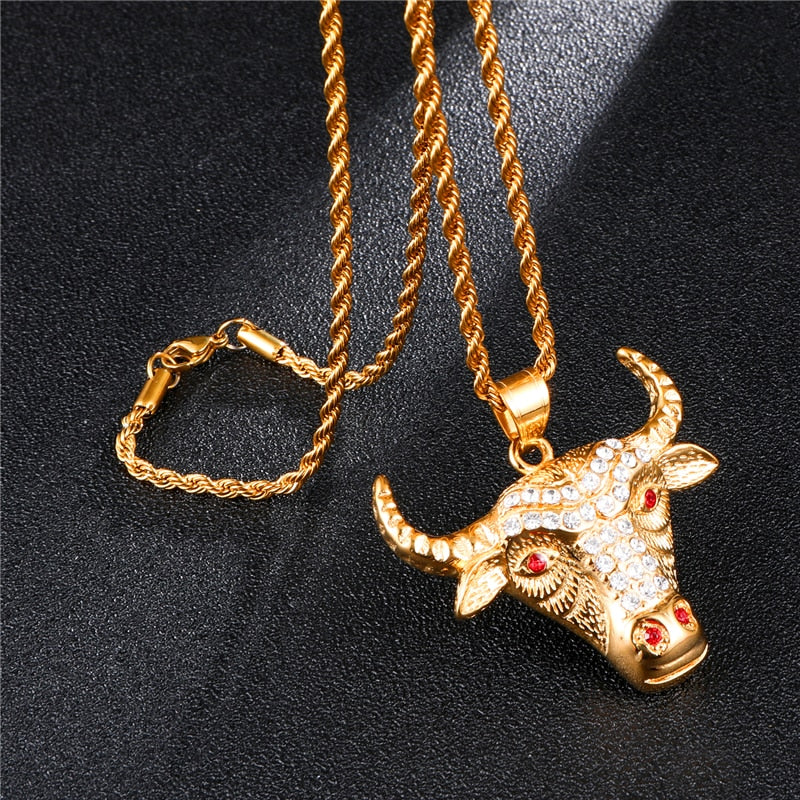 Micro Paved Rhinestone-Studded Gold-Plated Bull Head Bling 316L Stainless Steel Hip-hop Pendant Necklace-Necklaces-Innovato Design-Innovato Design