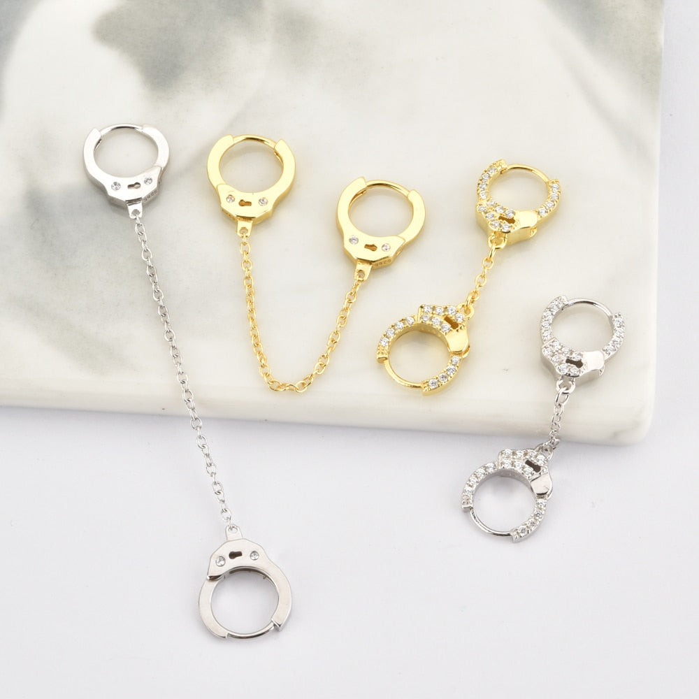 Double-Sided Cubic Zirconia Handcuffs 925 Sterling Silver Link Chain Loop Earrings-Earrings-Innovato Design-Rose Gold-Innovato Design