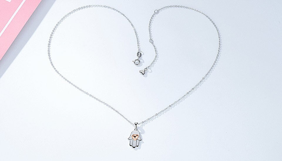 Lucky Hamsa Hand with Rose Gold Heart 925 Sterling Silver Pendant Necklace-Necklace-Innovato Design-Innovato Design