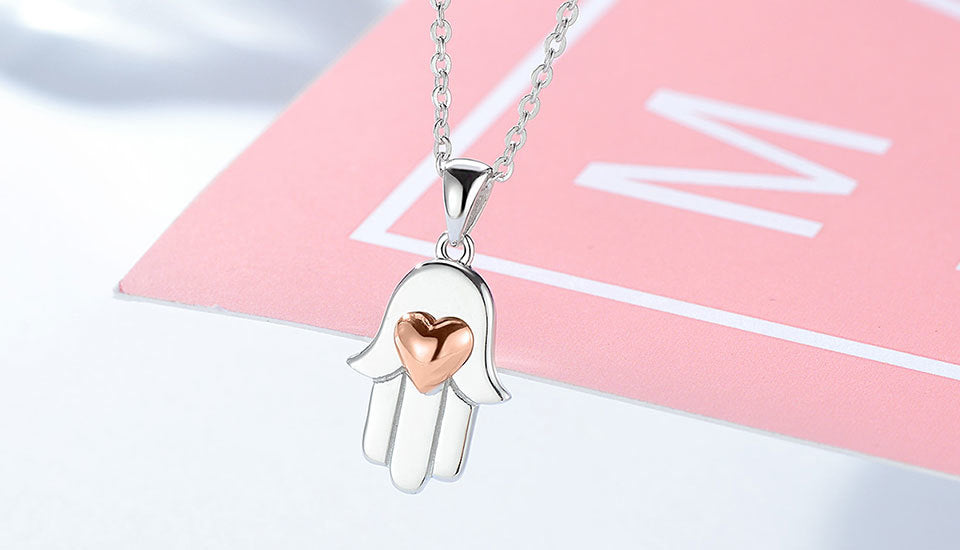 Lucky Hamsa Hand with Rose Gold Heart 925 Sterling Silver Pendant Necklace-Necklace-Innovato Design-Innovato Design