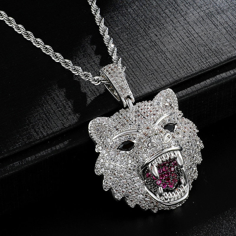 Cubic-Zirconia-Studded Wolf Head Bling Hip-hop Pendant Necklace-Necklaces-Innovato Design-Silver-6mm Cuban-20inch-Innovato Design