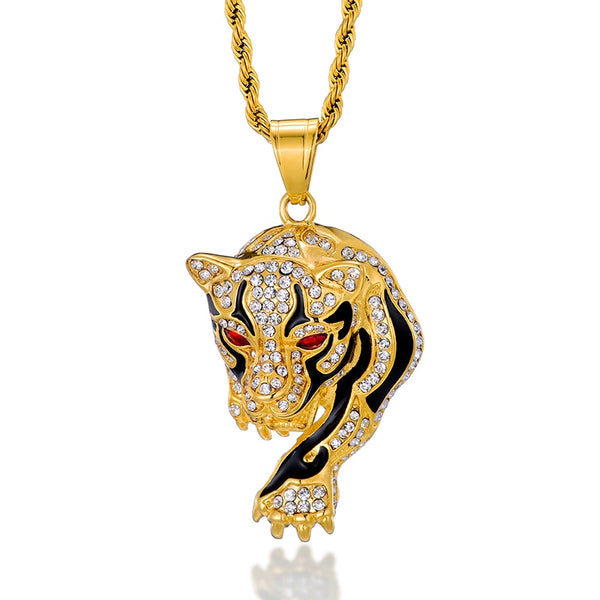 Gemstone-Studded Tiger Bling Rope Chain Stainless Steel Hip-hop Pendant Necklace