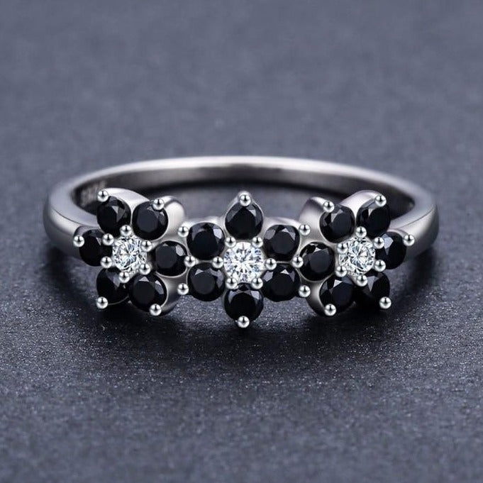 Black Spinel Flowers 925 Sterling Silver Fine Wedding Ring-Rings-Innovato Design-6-A-Innovato Design