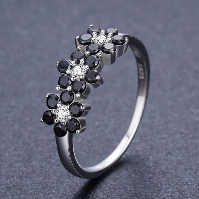 Black Spinel Flowers 925 Sterling Silver Fine Wedding Ring-Rings-Innovato Design-6-A-Innovato Design