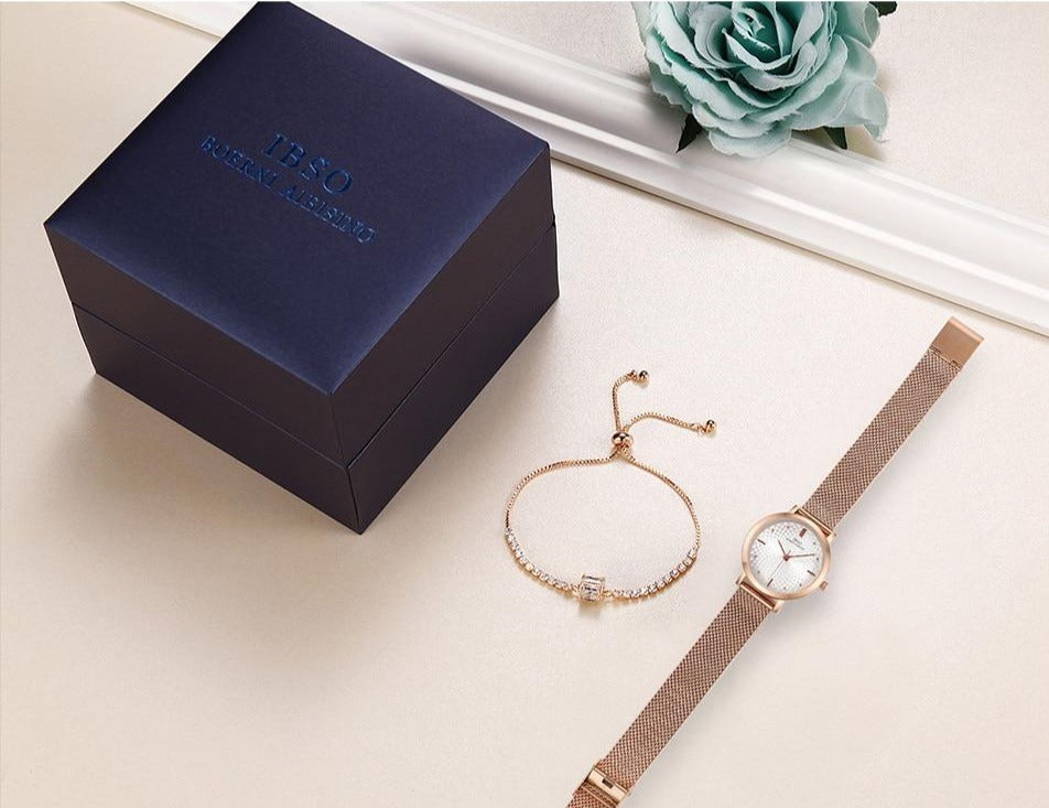 Women Water-Resistant Shock-Resistant Quartz Watch and Crystal Bracelet Jewelry Set-Jewelry Sets-Innovato Design-California-Innovato Design