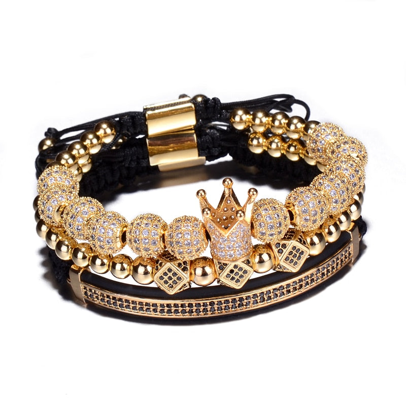 3-Piece Crown, 8mm Micro Pave Cubic Zirconia Ball and Beads Hip-Hop Charm Bracelet-Bracelets-Innovato Design-Gold-Innovato Design