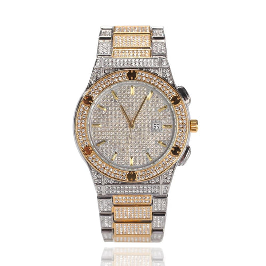 Large Dial Diamond-Studded Stainless Steel Band Fashion Hip-hop Quartz Watch