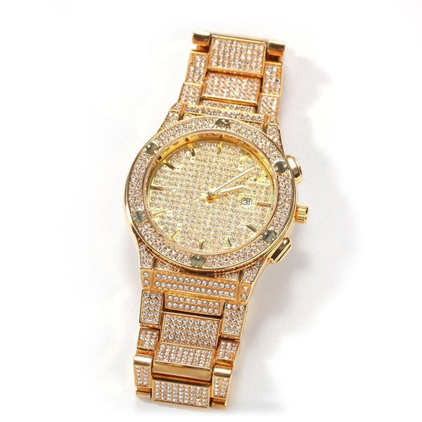 Large Dial Diamond-Studded Stainless Steel Band Fashion Hip-hop Quartz Watch