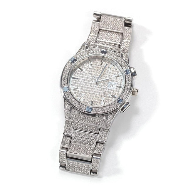 Large Dial Diamond-Studded Stainless Steel Band Fashion Hip-hop Quartz Watch-Watches-Innovato Design-Silver-Innovato Design