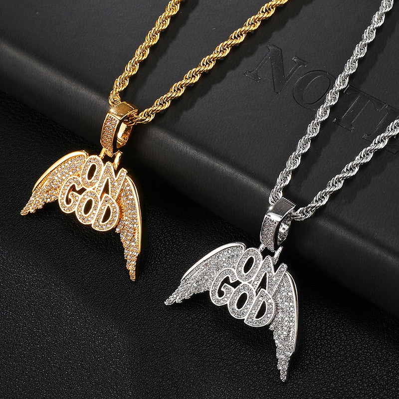 Cubic-Zirconia-Studded "On God" Bling Hip-hop Pendant Necklace-Necklaces-Innovato Design-Gold-6mm Cuban-22inch-Innovato Design