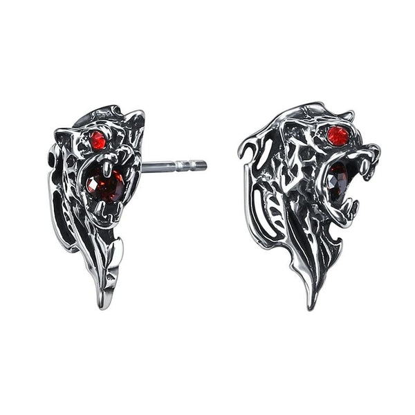 Lion with Red Cubic Zirconia Eyes 316L Stainless Steel Punk Rock Biker Stud Earrings-Earrings-Innovato Design-Innovato Design