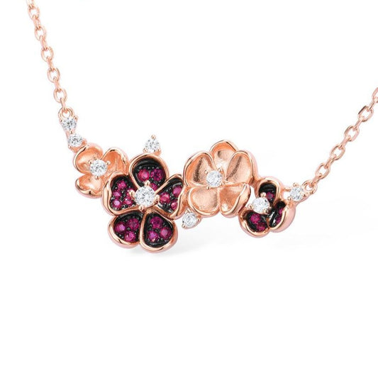 Rose Gold and Pink Flowers Created Ruby and Cubic Zirconia 925 Sterling Silver Fashion Pendant Necklace-Necklaces-Innovato Design-Innovato Design