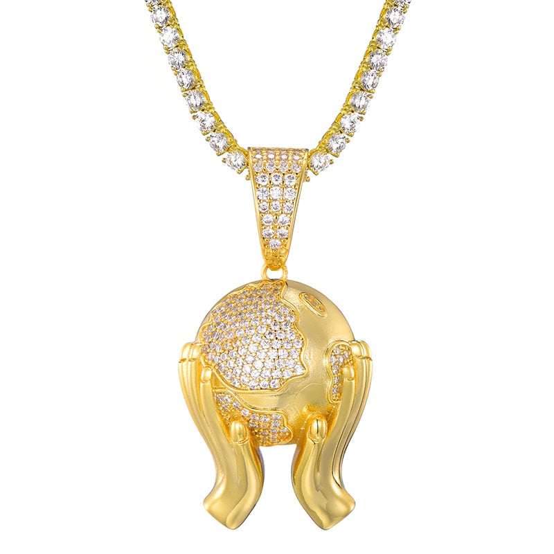 Cubic-Zirconia-Studded Hands Holding Earth Bling Hip-hop Pendant Necklace-Necklaces-Innovato Design-Gold-4mm Rope-20inch-Innovato Design