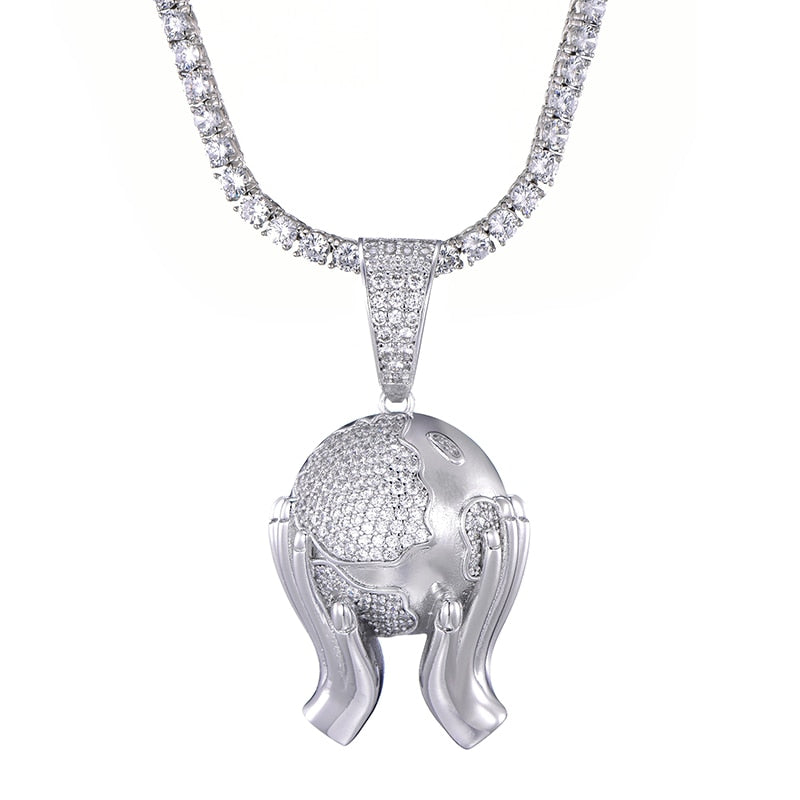 Cubic-Zirconia-Studded Hands Holding Earth Bling Hip-hop Pendant Necklace-Necklaces-Innovato Design-Silver-6mm Cuban-20inch-Innovato Design