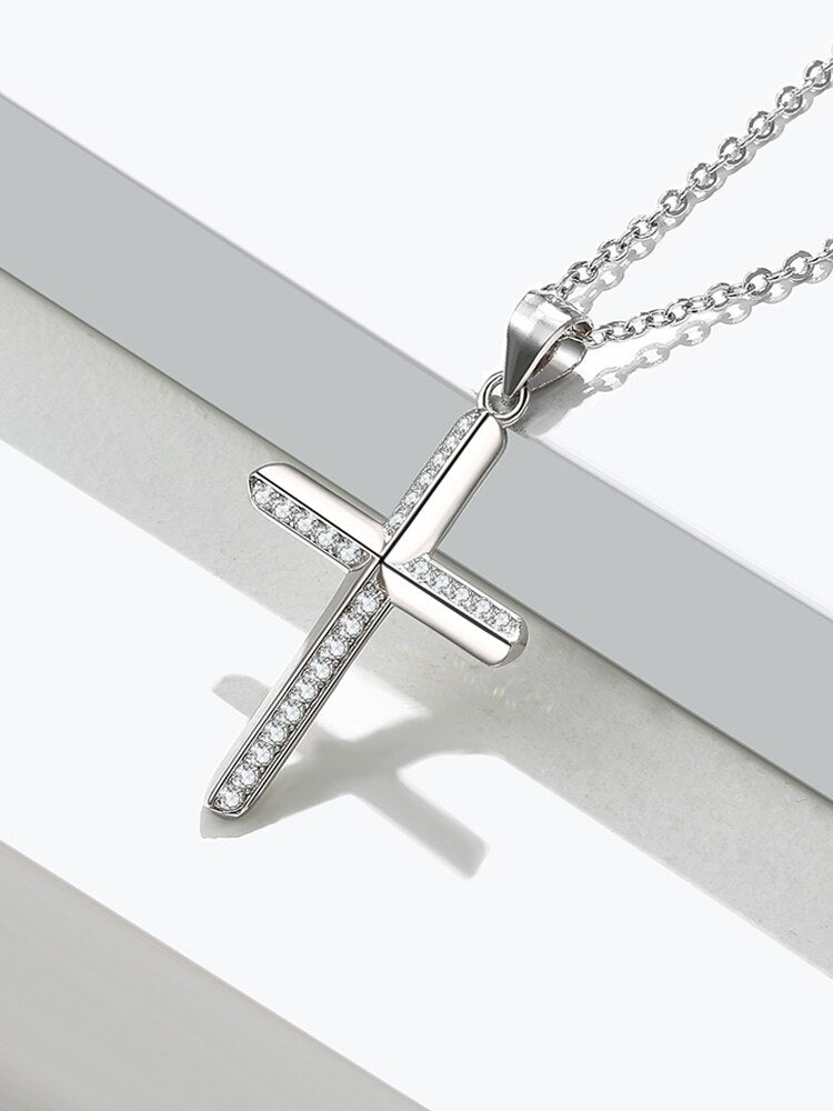 Simple Crucifix with Cubic Zirconia 925 Sterling Silver Fashion Pendant Necklace-Necklaces-Innovato Design-Innovato Design