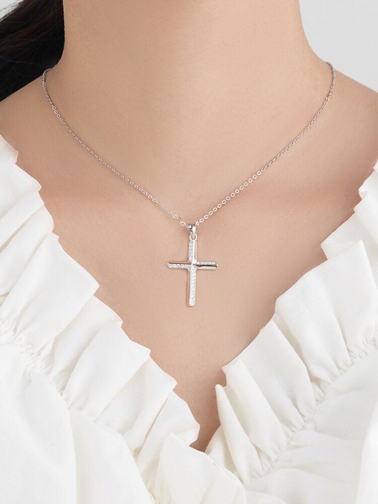 Simple Crucifix with Cubic Zirconia 925 Sterling Silver Fashion Pendant Necklace-Necklaces-Innovato Design-Innovato Design