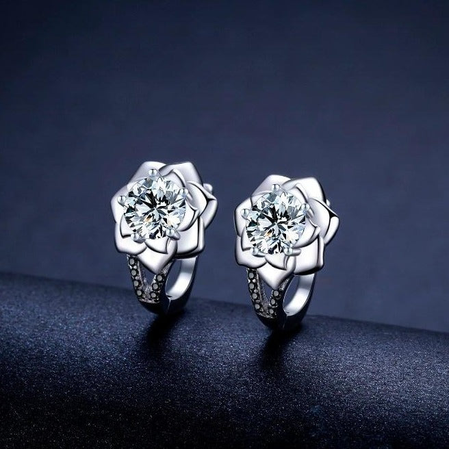 Cubic Zirconia Flower and Round Black Spinel Stones 925 Sterling Silver Trendy Hoop Earrings-Earrings-Innovato Design-Innovato Design