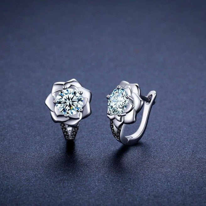 Cubic Zirconia Flower and Round Black Spinel Stones 925 Sterling Silver Trendy Hoop Earrings-Earrings-Innovato Design-Innovato Design