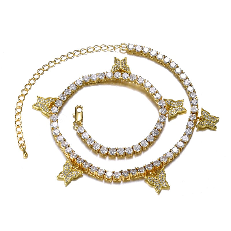 Cubic Zirconia Butterfly Tennis Chain Stainless Steel Hip-hop Adjustable Pendant Necklace-Necklaces-Innovato Design-Gold-Innovato Design