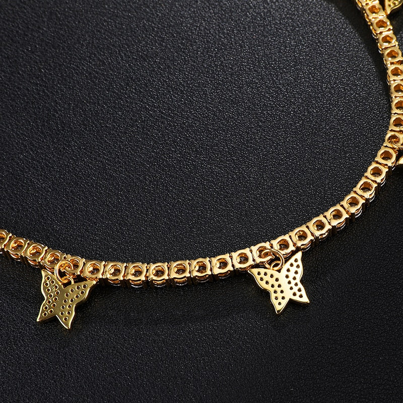 Cubic Zirconia Butterfly Tennis Chain Stainless Steel Hip-hop Adjustable Pendant Necklace-Necklaces-Innovato Design-Gold-Innovato Design