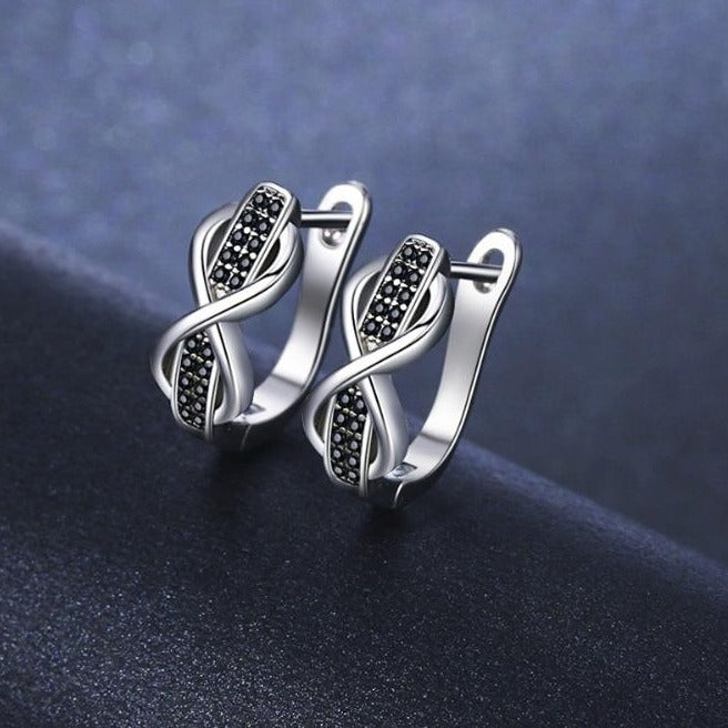 Round Black Spinel Infinity 925 Sterling Silver Hoop Earrings-Earrings-Innovato Design-Innovato Design