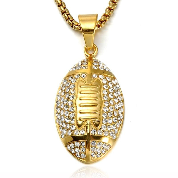 Rhinestone-Studded Gold-Plated Rugby Football Bling Stainless Steel Hip-hop Pendant Necklace