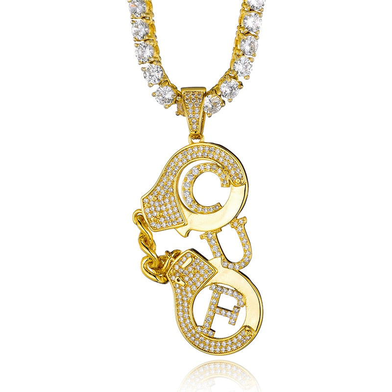 Cubic-Zirconia-Studded Handcuffs Bling Hip-hop Pendant Necklace-Necklaces-Innovato Design-Gold-4mm Rope-24inch-Innovato Design