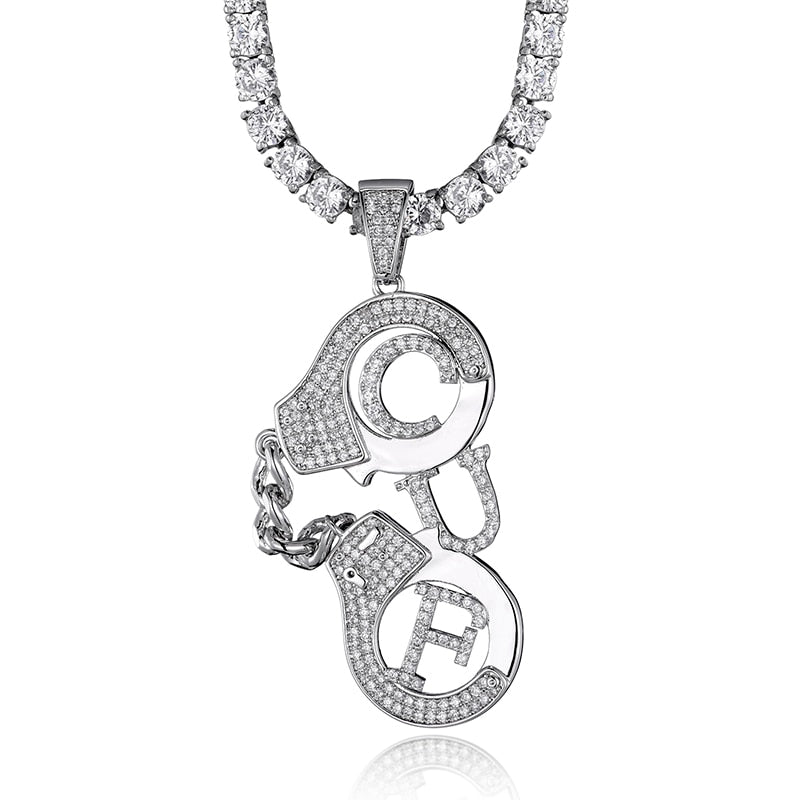 Cubic-Zirconia-Studded Handcuffs Bling Hip-hop Pendant Necklace-Necklaces-Innovato Design-Silver-4mm Tennis-24inch-Innovato Design