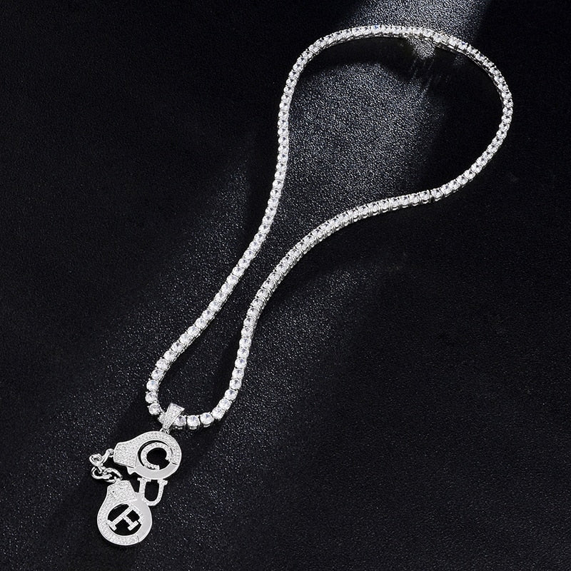 Cubic-Zirconia-Studded Handcuffs Bling Hip-hop Pendant Necklace-Necklaces-Innovato Design-Gold-4mm Rope-24inch-Innovato Design