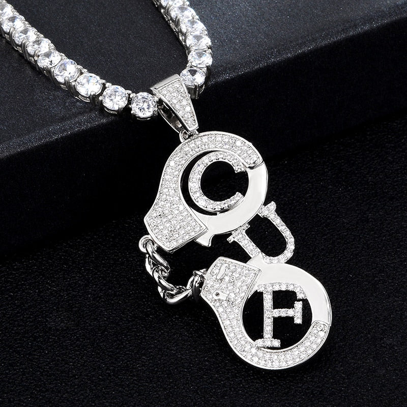 Cubic-Zirconia-Studded Handcuffs Bling Hip-hop Pendant Necklace-Necklaces-Innovato Design-Gold-4mm Rope-24inch-Innovato Design
