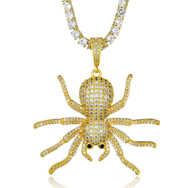 Cubic-Zirconia-Studded Spider Hip-hop Pendant Necklace-Necklaces-Innovato Design-Gold-4mm Rope-20in-Innovato Design