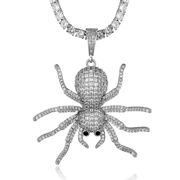 Cubic-Zirconia-Studded Spider Hip-hop Pendant Necklace-Necklaces-Innovato Design-Silver-4mm Rope-20in-Innovato Design