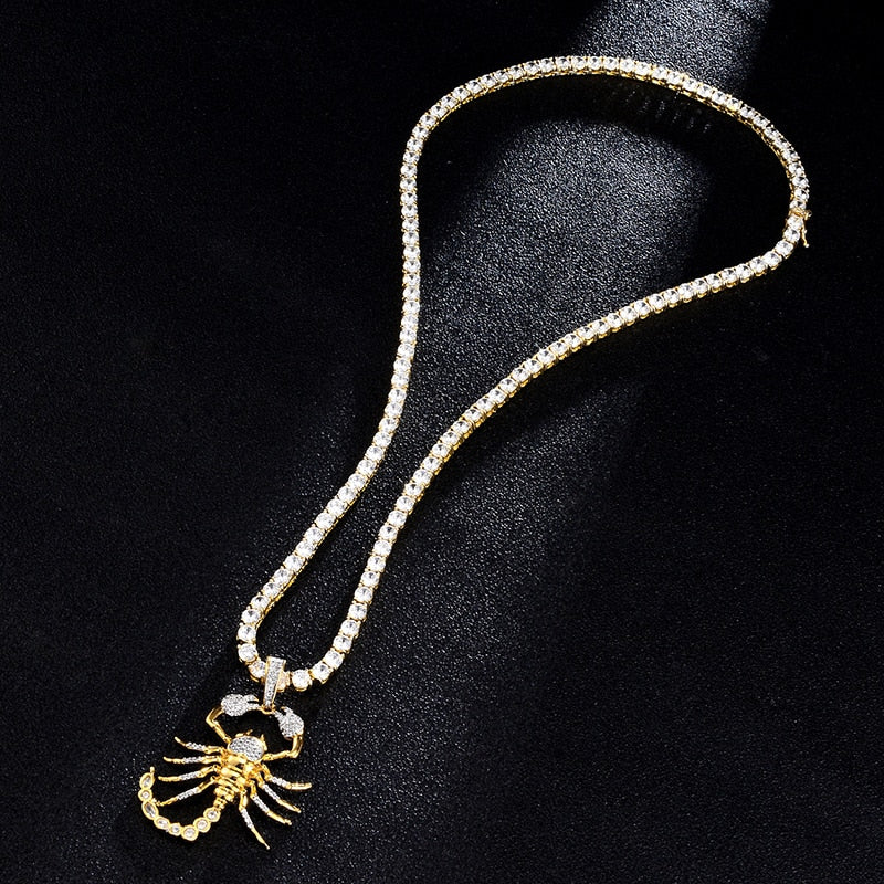 Cubic-Zirconia-Studded Scorpion Bling Hip-hop Pendant Necklace-Necklaces-Innovato Design-Gold-4mm Rope Chain-20inch-Innovato Design