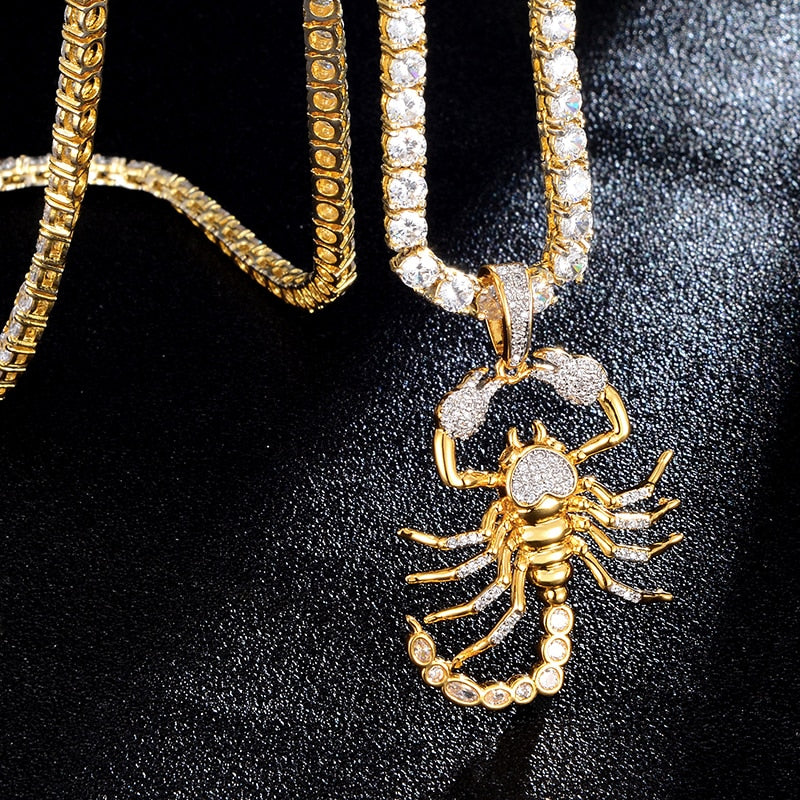 Cubic-Zirconia-Studded Scorpion Bling Hip-hop Pendant Necklace-Necklaces-Innovato Design-Gold-4mm Rope Chain-20inch-Innovato Design