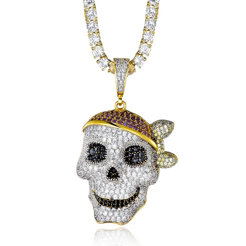 Cubic-Zirconia-Studded Pirate Skull Bling Hip-hop Pendant Necklace-Necklaces-Innovato Design-4mm Tennis-24inch-Innovato Design