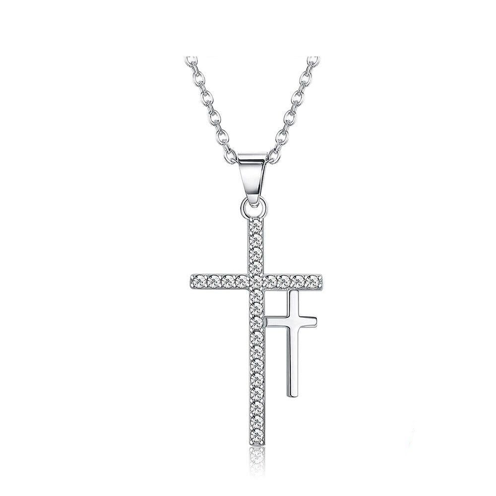 Double Cross Cubic Zirconia 925 Sterling Silver Fashion Pendant Necklace-Necklaces-Innovato Design-Innovato Design