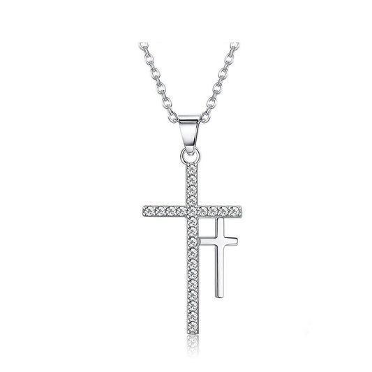 Double Cross Cubic Zirconia 925 Sterling Silver Fashion Pendant Necklace-Necklaces-Innovato Design-Innovato Design