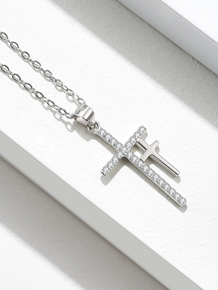 Double Cross Cubic Zirconia 925 Sterling Silver Fashion Pendant Necklace-Necklaces-Innovato Design-Innovato Design